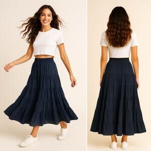 MISA LOS ANGELES Tiered Maxi Peasant Skirt Navy Blue Smocked Pull On XS NEW